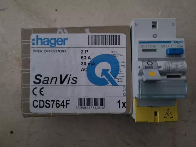 Hager CDS764F Interrupteur Différentiel 2P 63A 30mA AC à Bornes Décalées SanVis