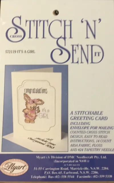 DMC Myart CrossStitch Kit  Stitch n Send-It's a Girl Greeting Card-complete- New
