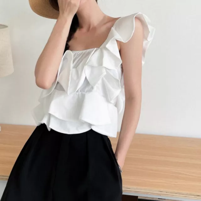 Donna Increspatura Camicia a Righe Asimmetrico Corto Uno Spalla senza Maniche