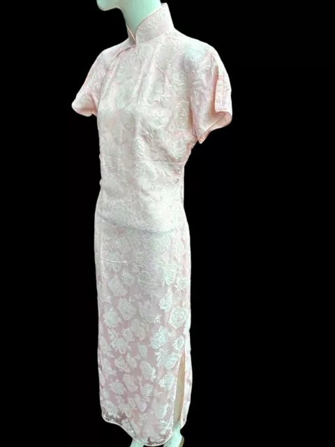 Lace Wedding Cheongsam Qipao Pink ROSES Flowers Dress Slip Floral Pattrn Vtg 50s