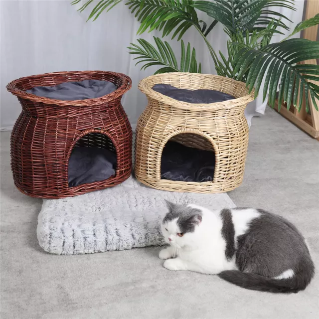 Two Levels Wicker Cat House Elevated Pet Oval Bed Basket with 2 Washable Cushion