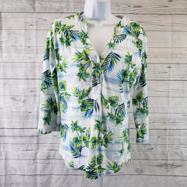 Fresh Produce Womens Top Sz Small Blue Green Palm Print 3/4 Sleeve Cotton