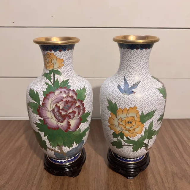 Chinese Cloisonne Enamel Brass Bronze Table Vase 10"T Pair w/Wood Stands Vintage