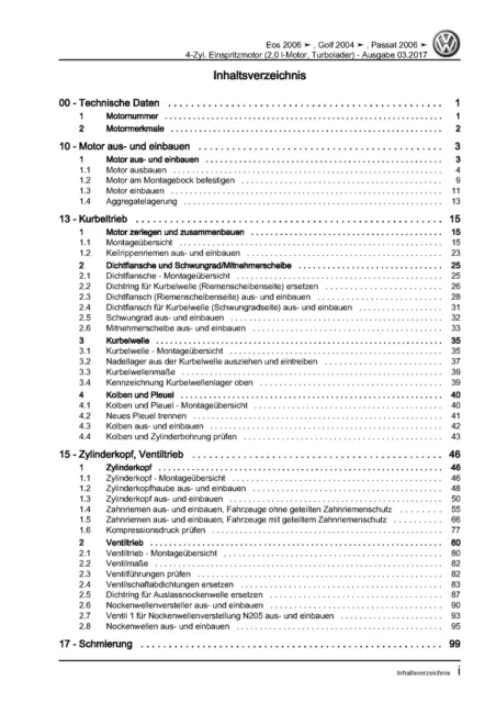 eBook VW EOS (06-15) Reparaturanleitung Motor 2,0 Liter Turbo 147 kW 2