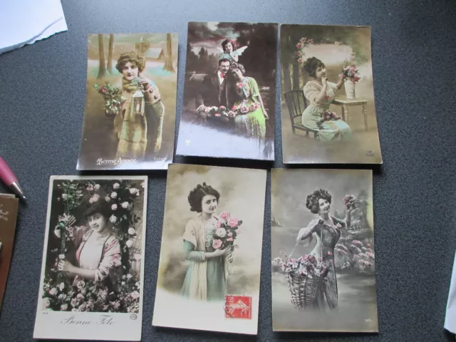 6 CARTES POSTALES ANCIENNES  ROMANTIQUES  papier photo