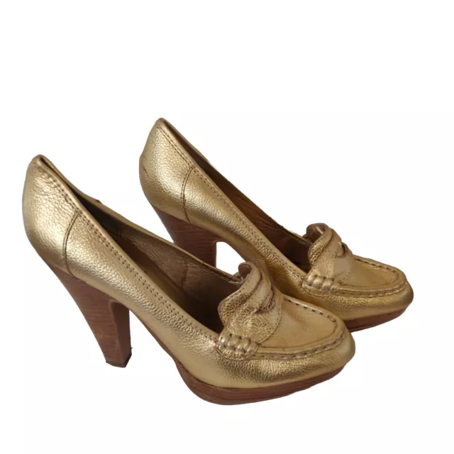 Steve Madden Women's Shoes Loafer Pumps Gold Leather High Heel Size 8.5.   AJ