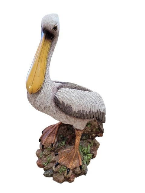 Pelican Figurine Standing On Pilings 15" High Nautical Resin Statue Gray Natural