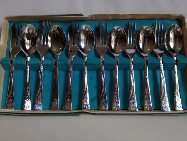 Set 12 Vintage Sheffield Cake Forks & Teaspoons Stainless Chromium Plate England