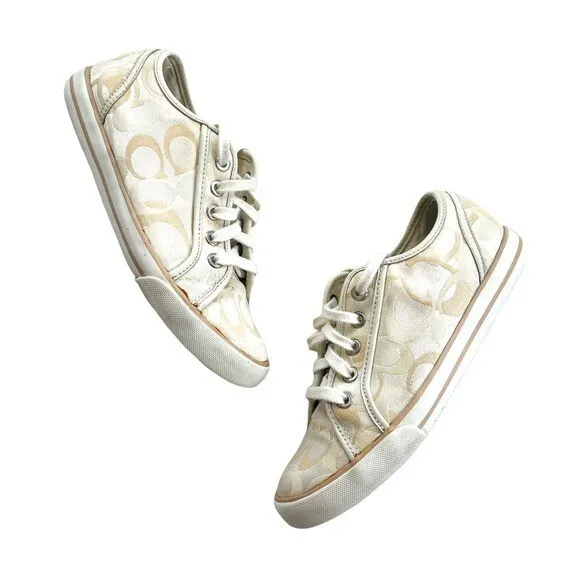 Coach Dee Optic C Lace Up Sneakers Womens 7.5 Beige Cream Multi Signature Shoes