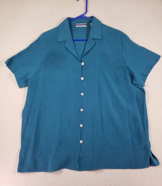 Amanda Smith Shirt Womens XL Blue Pure Silk Button Up Collar Short Sleeve Blouse