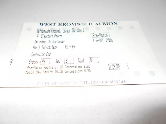 TICKET WBA West Bromwich Albion v Blackburn 00/01