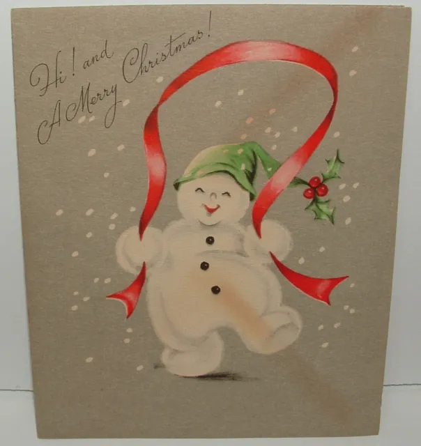 UNUSED - Snowman Jumping Rope - 1940's Vintage Christmas Greeting Card