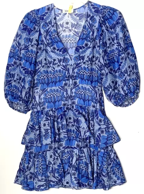 Sandro Dress XS Mini Blue Floral Linen Blend Scarf V Neck Ruffled Balloon Sleeve