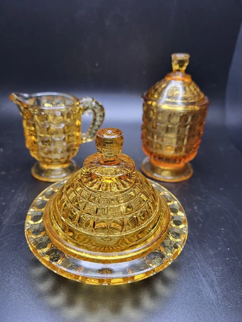 Kemple Amber  Waffle & Button Glass Mini Sugar & Creamer