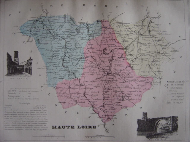 CARTE DU DÉPARTEMENT de la HAUTELOIRE avec de nombreuses infos c1890 £