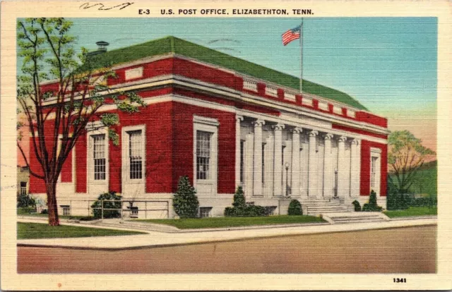 Front View US Post Office Building Elizabethton Tennessee TN Flag Postcard Note