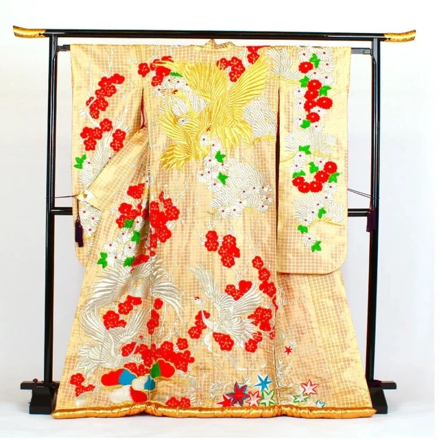Japanese Silk Wedding Kimono Iro-Uchikake Free Size Beige Gold Crane Red Flower