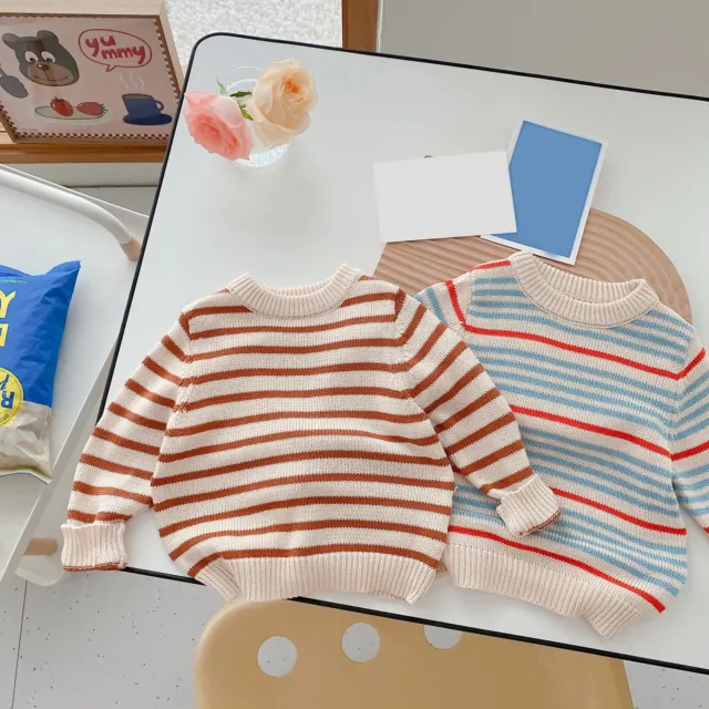 Baby Kids Boy Girl Knit Sweater Round Collar Striped Sweatshirt Pullover Sweater