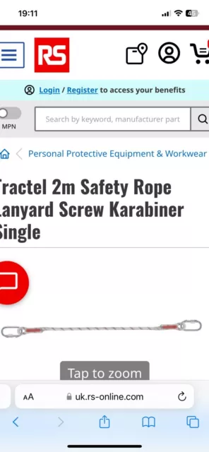 Tractel 2m Safety Rope Lanyard Screw Karabiner Single