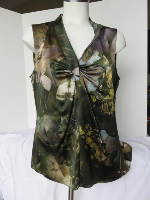 Elie Tahari Floral Sleeveless V Neck Blouse Silk Sz Large