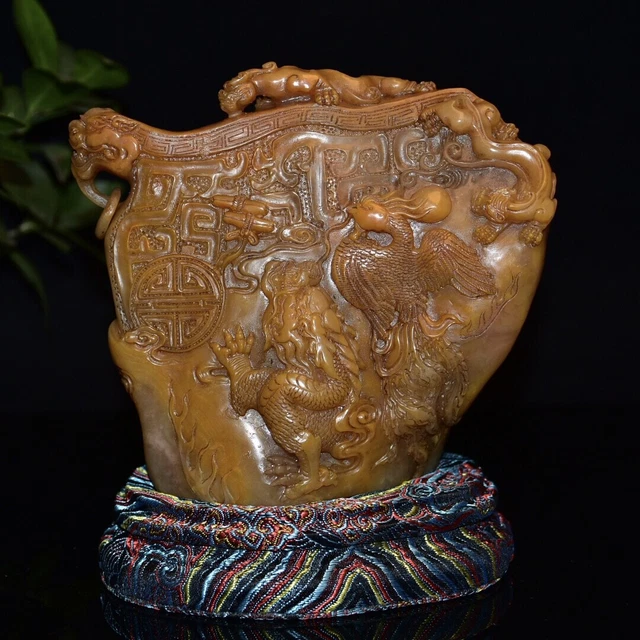 Chinese Exquisite Handmade dragon phoenix carving Shoushan Stone Statue Seal