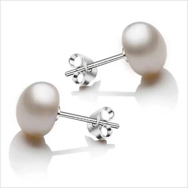 7mm White Cultured Freshwater Pearl Solid 925 Sterling Silver Stud Earrings Gift