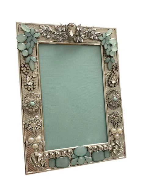 Vintage Jewelry Decorated Picture Frame Rhinestone Embellished Silver Blue