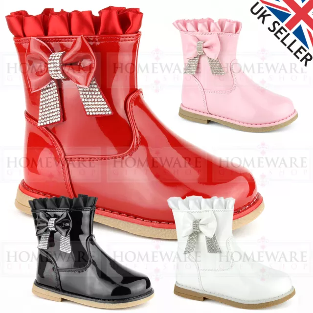 Girls Spanish Style Bow Boots Patent Diamante Shiny Black Pink White Kids Uk4-8