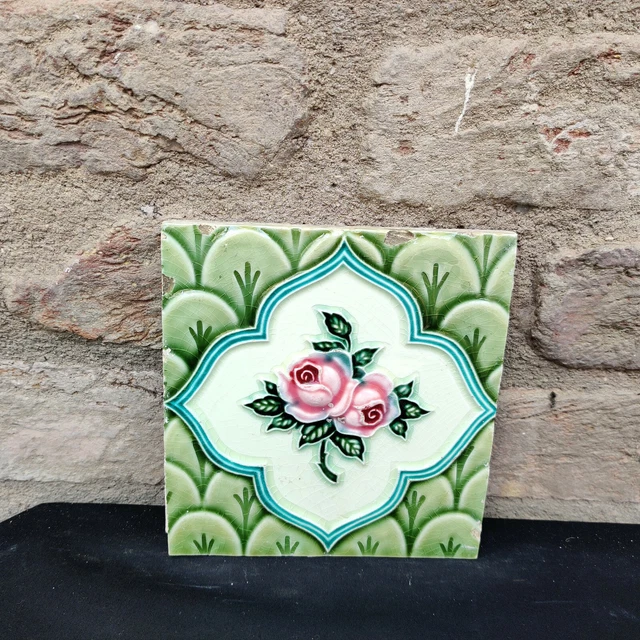 1940s Vintage Embossed Floral Design Majolica Art Deco Architecture Tile Japan