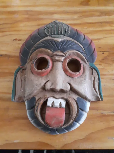 Hand Carved Wood Mask Tribal Warrior Haka Teeth Polynesian Tahitian Maori