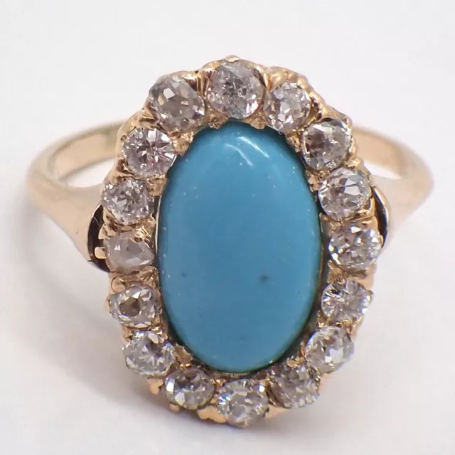 Antique Diamond Halo Ring 14K Rose Gold Turquoise Imitation Stone