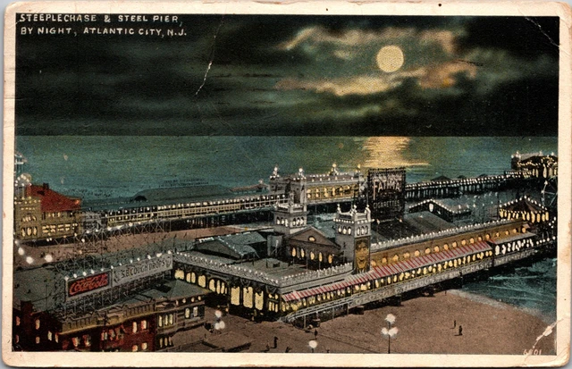 Atlantic City New Jersey NJ Steeplechase & Steel Pier Moon Night View Postcard