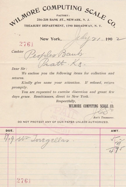 U.S. WILMORE COMPUTING SCALE CO, New York 1902 Paid Cancel Invoice Ref 45369