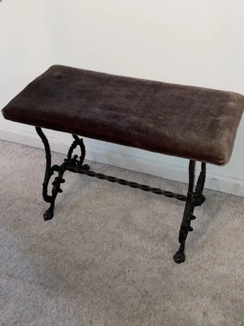 Antique Victorian Cast Iron Piano Bench Vanity Stool Paw Feet Upholstered Brown