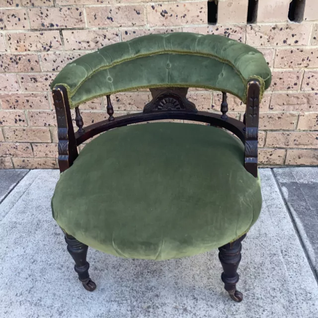 Antique Victorian Tub Chair Mahogany & Velvet Seating In exc condition