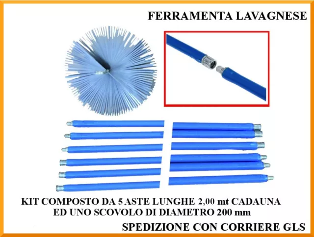 Kit pulizia canna fumaria spazzacamino 5 aste da 2 metri con scovolo Ø 200 mm