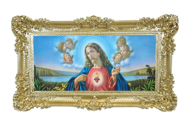 QUADRO STAMPA SU CARTA TELATA DEL SACRO CUORE DI GESU' CORNICE BAROCCA
