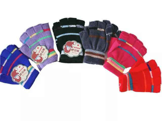 Girls Boys Kids Party Warm Knit Half Fingerless Ski Dance SHORT Gloves Mittens