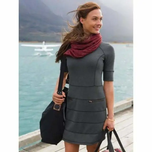 Athleta Womens Strata Dress Size Small Black Ponte Knit Short Sleeve Zip Stretch