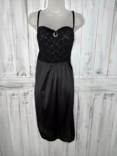 Vintage Sears Black Stretch Lace Trim Nightgown Nightie Lingerie Full Slip 34
