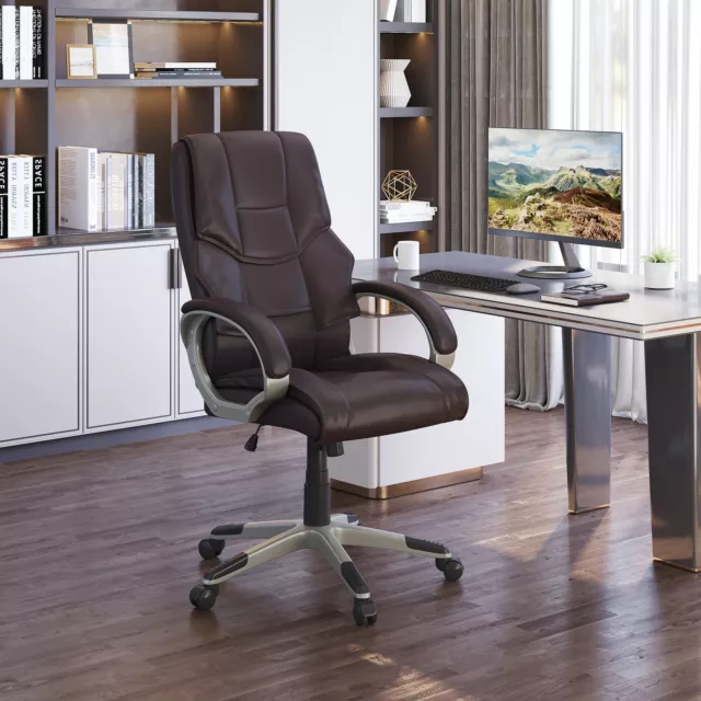 Executive Computer Office Desk Chair High Back Faux Leather Swivel Chair Brown