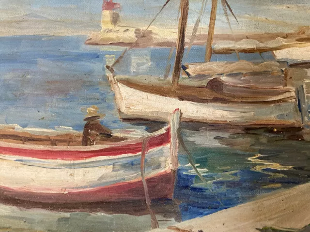 belle peinture huile toile Marine Bateau Voile Pêche 1950 Signé A Identifier art