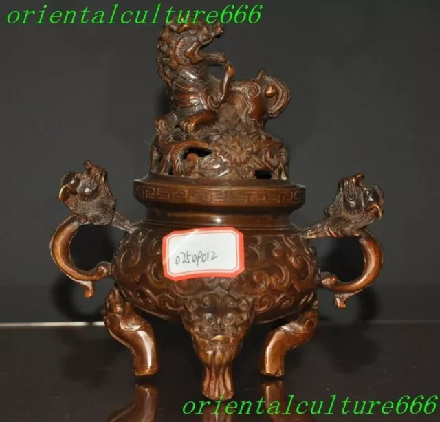 7"Chinese bronze Feng shui dragon loong beast statue Incense burner Censer