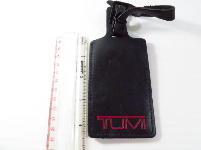 Tumi Luggage Tag Black with Red Logo Leather, 4-1/4" x 2-1/2"
