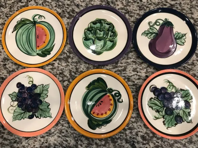 Set 6 Vicki Carroll Pottery Bon Appetite 8" Vegetable & Fruit Salad Plates 1995