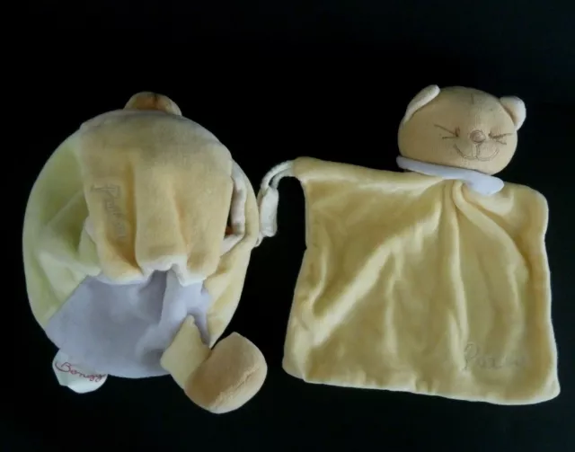 S99 - Doudou Plat + Boule Cube Rangement Bengy Chat Patou Jaune Vert Rose - Ttbe