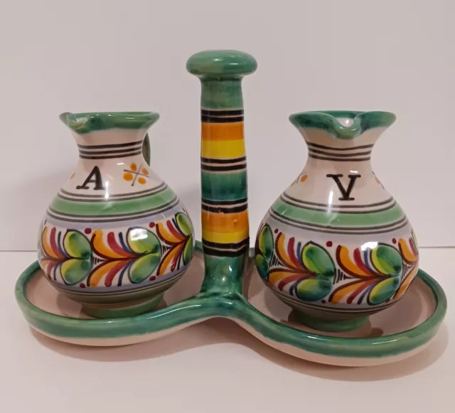 Spanish Spain Cruet Set Bottles Stand Oil Vinegar Ceramic Hand Painted