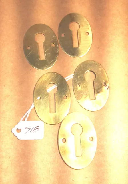 (518) Set Of 5 Oval Flat Brass  Keyhole Escutcheon  Original Antique Salvaged