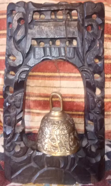 Tibetan Buddhist Bronze Brass Bell 5" in Ornate Wooden Frame 14 x 8.5"