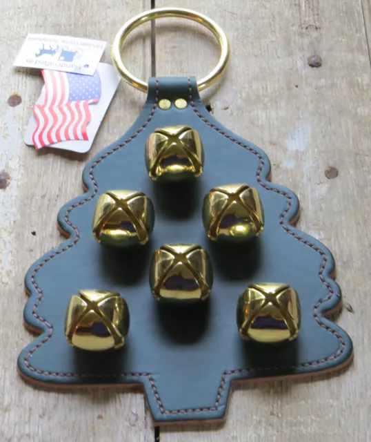 Christmas Tree Sleigh Bell Dog Door Chime Amish Handmade USA Brass Leather 2